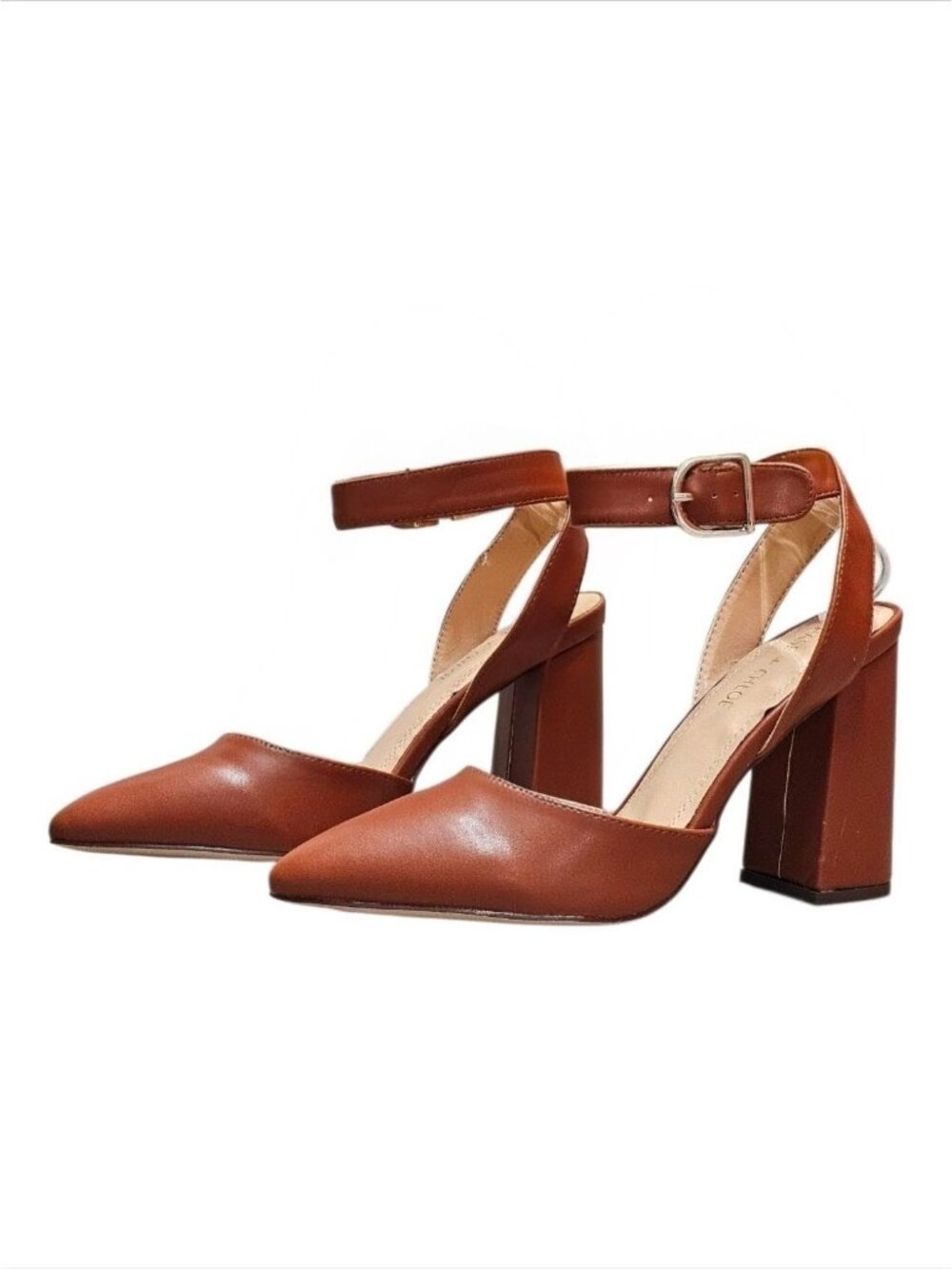 Tan Faux Leather Pointed-Toe Block Heels With Adjustable Ankle Strap Womens Form